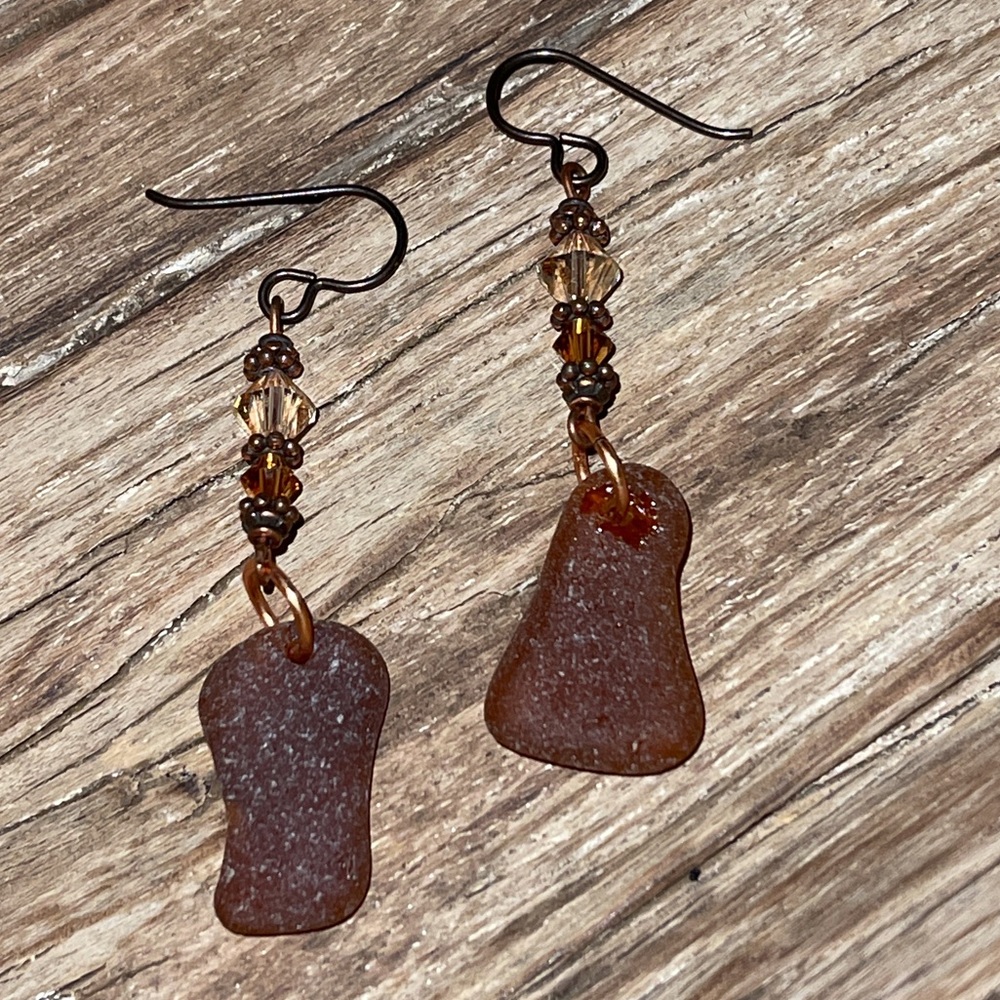 Artisan Organic Seaglass Crystal Copper Wire Pierced Earrings